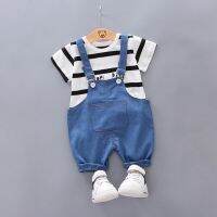 Lovekids 0 to 4 Years Old Baby Boys Short Sleeve Stripe Letter Print Blouse+Denim Suspender Pants