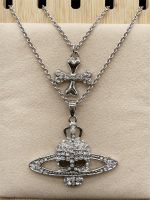 VIVIENNE WESTWOOD High Version Silver Full White Diamond Cross Skull Saturn Buckle Double Layer Necklace--B8205