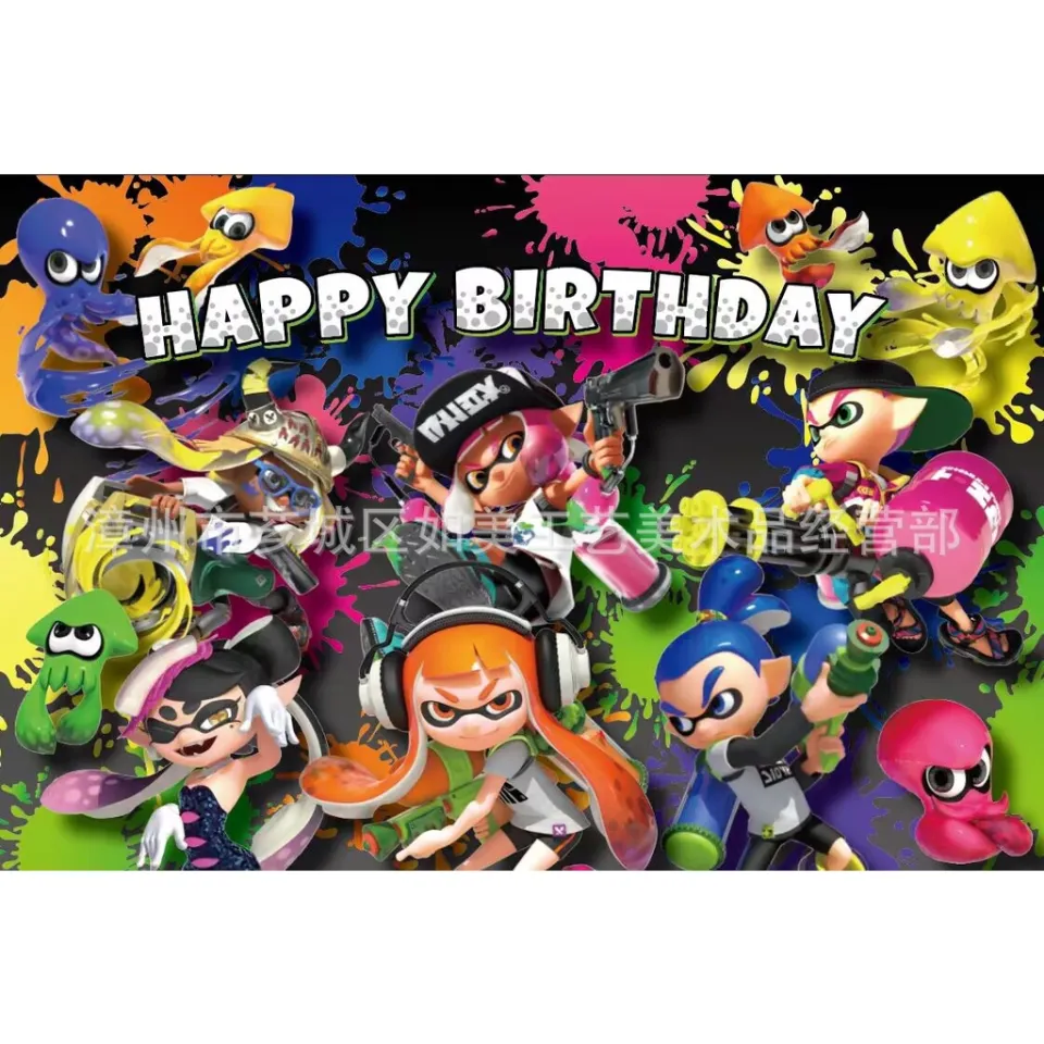 Jogo de tiro splatoons feliz aniversário festa decoração polvo látex balão  banner bolo topper festa supplise