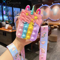 Pop Figet Toys Coin Purses Mini Soft Silicone Unicorn Wallet Bags Kids Gift Zipper High Capacity Card Package Strap Lanyard Case