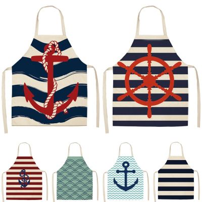 1Pcs Marine Anchor Nautical Ocean Pattern Kitchen Apron for Woman Cotton Linen Aprons Home Cooking Baking Bibs 53*65cm S1010
