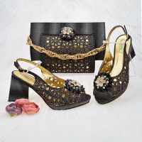 QSGFC Newest Black Color Cutout Pumps High Heels Decorated with Rhinestone Flower Design Party Womens Shoes and Bags Set