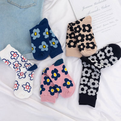 Ins Casual Flower Pattern Crew Socks Women Cotton Fashion College Style Cozy Happy Mid Calf Socks Ladies Floral Cute Thermal Funny Tube Socks