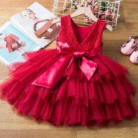 NNJXD Baby Girl Dress Lace Embroidery Dress Red Christmas Costume Birthday Wedding Party Ball Gown Children New Year Clothing