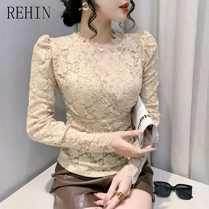 rehin-2023เสื้อผู้หญิงคอวีแขนยาว-มาใหม่ล่าสุดเสื้อยืดลูกไม้แฟชั่นฉบับภาษาเกาหลีบางเหมาะกับฤดูใบไม้ร่วงเสื้อเชิ้ตสีพื้น