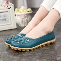 QiaoYiLuo Shoes for woman Hollow tendon bottom flat with mother shoes single shoes flat leather sandals peas shoes work women