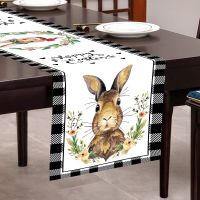 35x180cm Polyster Buffalo Plaid Easter Table Runner Classic Black White Checker Rabbit Flower Tablecloth for Spring Easter Party