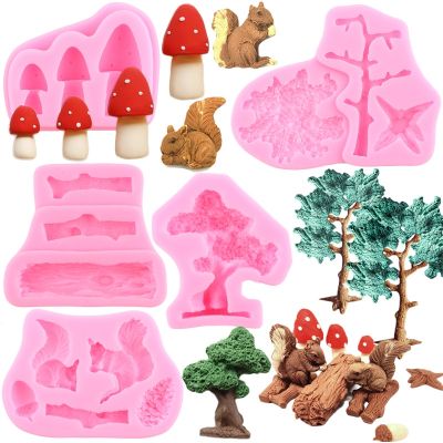 【YF】 Squirrel Tree Stump Pine Cones Silicone Molds Mushroom Snail Fondant Cake Decorating Tools Candy Resin Clay Chocolate Moulds