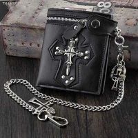 ☈ Mens Genuine Leather Wallet Foldable Rivet Retro Biker Wallet Anti-theft Pants Chain Purse Male Rock Punk Goth Tote BagWalltes