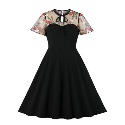 HOT11★Women Vintage Mesh Embroidery Dress 2022 Retro Rockabilly tail Party Lace 1950s Swing Dress Summer Dress See through Black