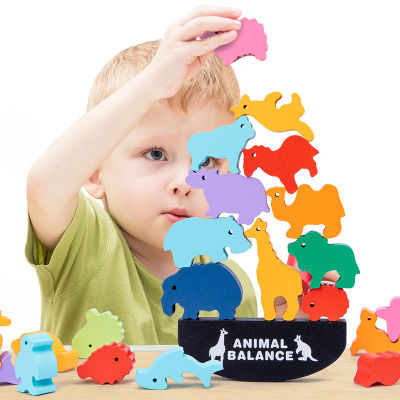 Children Montessori Wooden Animal Balance Blocks Board Games Toy Dinosaur Educational Stacking High Building Boys Girls Gift