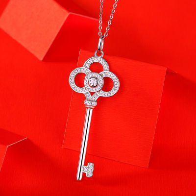 Trendy 0.1 ct D Color Moissanite Key Necklace for Women Fine Jewelry White Gold Plated Key Clavicle Neckalce Anniversary Gift