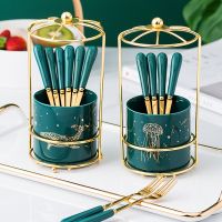 1 pcs ceramic tank with 6 pcs Emerald Stainless Steel Forks Set and golden cage Light Luxury Dessert Fork Cake Fork Household Fruit Stick