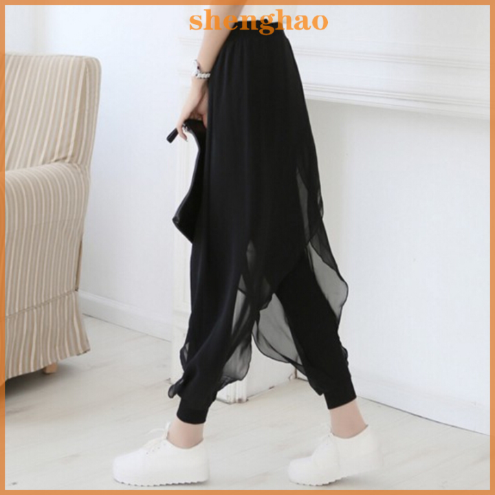 shenghao-บวกขนาดกางเกงชีฟองแยกผู้หญิงกลางเอวกว้างขายาวกางเกงขายาว