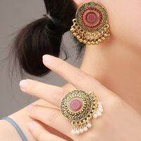 {Latin Fan} ต่างหูดอกไม้กลมสีแดงชาติพันธุ์/ชุดห่วง Bijoux ที่แขวนเครื่องประดับแต่งงานโบฮีเมียสีทองลูกปัดพู่ห้อย