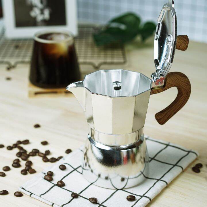 สีเงิน-kamping-ชุดกาต้มมอคค่าพอท-moka-pot-ลายไม้-เตาไฟฟ้า500w-เครื่องบดมือหมุน-2-1-ช้อนหนีบ