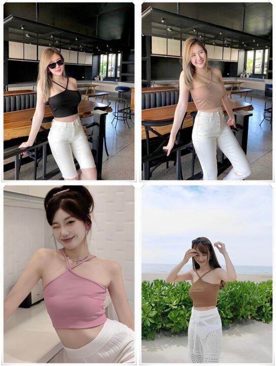 พร้อมส่งด่วน-เสื้อครอป-เสื้อกล้าม-เสื้อท็อป-เสื้อสายฝอ-สายไขว้คอ-ครอปผ้าร่อง-เว้าอก-สายคาเฟ่ต้องไม่พลาด-ฟรีไซส์