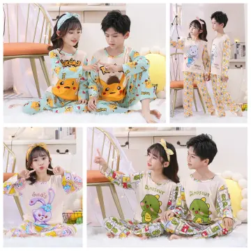 Couple Silk Sleepwear Pikachu Long Sleeve Long Pants Pajamas