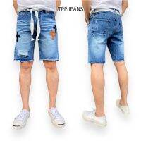 TPPJEANS HD TM Shorts Mens กางเกงยีนส์ขาสั้นชายสีบลูฟอกแต่งขาด ปะหนัง งานซิป ผ้าสวมใส่สบาย  มีเชือก ปลายขาตัด Size 28-36