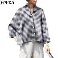 VONDA ผู้หญิงเกาหลีแขนยาวลายสก๊อต Casual Baggy Lapel ปุ่มขึ้นเสื้อ 513○