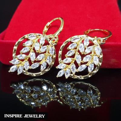 Inspire Jewelry ,ต่างหูใบช่อมะกอก ช่อมะกอกเพชร แบบห่วง ประดับเพชรCZ  งานจิวเวลลี่หรู ตัวเรือนหุ้มทองแท้ 24K ขนาด 1.8 x 2.5 CM  พร้อมถุงกำมะหยี่