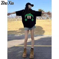 เสื้อยืดแขนสั้นสำหรับผู้หญิง Zhu Xia เสื้อยืดแขนสั้นแบบหลวมพิมพ์ลายไหล่สีบล็อกแขนสั้น