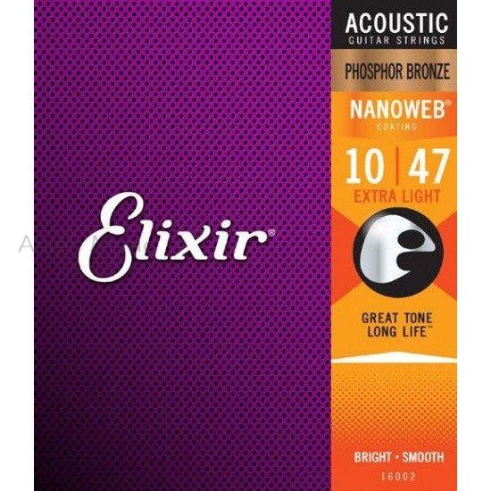 Elixir® Nanoweb สายกีตาร์โปร่ง เบอร์ 10 เคลือบ Phosphor Bronze ( เบาพิเศษ, .010 - .047) #16002