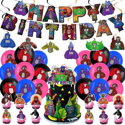 RA 40PCS/set Gorilla Tag Theme kids birthday party decorations banner cake topper balloon swirls set supplies AR
