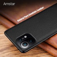 Amstar Natural Cowhide Leather Phone Cover For Xiaomi 11 10 Pro Full-Wrapped Anti-Fall Real Leather Case For Xiaomi 10 Ultra