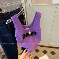 HUACHACHA Purple Letter Logo U Neck Knitted Short Cropped Tanks