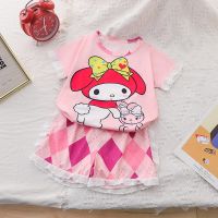 Sanrio ชุดนอนลาย Hello Kitty,ชุดนอน My Melody Kuromi Cinnamoroll การ์ตูนแขนสั้นฤดูร้อนชุดใส่อยู่บ้านของขวัญสำหรับเด็กผู้หญิง