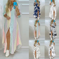 Elegant Lapel Robe Womens Autumn Sundress 2021 Casual Long Sleeve Thin Maxi Vestidos Female Striped Shirt Cardigan Dress