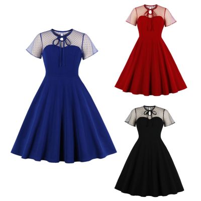 HOT11★Women Vintage Mesh Dress Retro Rockabilly Round Collar tail Party Lace 1950s 40s Swing Dress Summer Dress See through