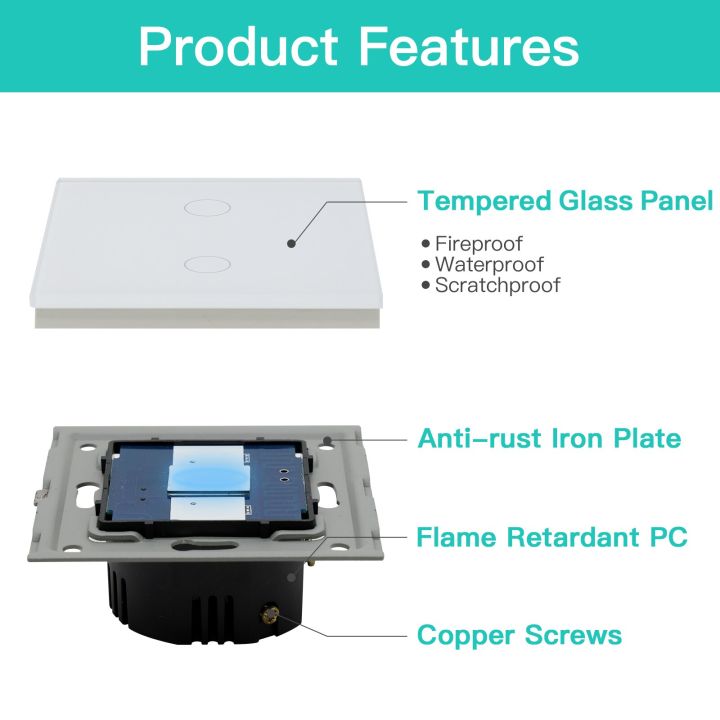 bseed-2-gang-1-way-สวิตช์สัมผัสมาตรฐาน-eu-สวิตช์ไฟที่บ้านสีดำสีขาวสีทองสีเทากับหน้าจอโทรศัพท์คริสตัล