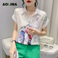 AOLINA 2023เสื้อแขนสั้นพิมพ์ลายการ์ตูนสำหรับผู้หญิง,เสื้อเชิ้ตแขนสั้น100เข้าได้กับเสื้อแบบหลวม