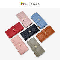 LIKEBAGกระเป๋าสตางค์ใบยาวลายสก๊อตประดับสีทึบPU Leather Card Holder For Women