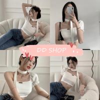 DD SHOPพร้อมส่ง 56051 เสื้อไหมพรมแขนสั้น ดีเทลแขนเดี่ยว สายพันคอสุดเก๋ไม่ซ้ำใคร