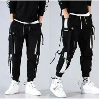 Size S-5XL Multi-pocket Splice Ribbon Cargo Pants Men Loose Elastic waistband Korean Jogging pants