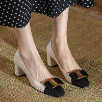 Bow Metal Decoration Lady Pumps Stitching Female Shoes Classic Thick Heel Simple Square Head 2022 New Womens Single Shoes