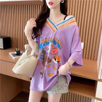 COD DDDGRYTRY Cotton Short-sleeved T-shirt Womens Summer Mid-length Loose Plus Size Cartoon Print Top Oversized Tee