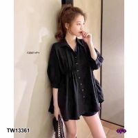 TW13361 Set 2 ชิ้น เสื้อเสื้อเชิ้ตแขนศอกแต่งสม็อค + กางเกงขาสั้น