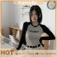 hanshi [2023 new HOT FASHION] lazlook เสื้อยืดแขนยาวปักลายตัวอักษรแฟชั่นเสื้อยืดแขนแร็กแลนคอกลมสำหรับผู้หญิงทรงสลิมย้อนยุค