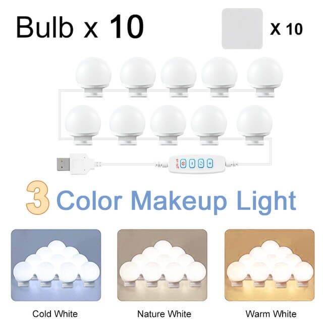 10 LED Bulb Makeup Mirror Light Bulbs Dimmable 3 Mode USB Plug LED