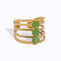 【YF】 WILD   FREE Vintage Stainless Steel Wide Rings for Women 18K Gold Plated Green Opal Natural Stone Luxury Adjustable Jewelry