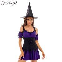 ♟㍿ Womens Halloween Witch Cosplay Costume Sleeveless Dress with Removable Sleeves And Pointed Hat for Theme Party Carnival Roleplay