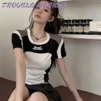 TroubleMaker เสื้อครอป เสื้อยืด ชุดเซ็ทผู้หญิง เสื้อยืดคอกลม เสื้อยืด ผญสวย ๆ เวอร์ชั่นเกาหลี ผ้าคอตตอน ใส่สบาย เรียบง่าย 2023NEW WTX2390ANU 37Z230912