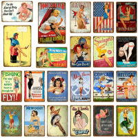 สาวเซ็กซี่ Pin Up ป้ายโลหะดีบุกฮาวาย Navy Fishing Lady Vintage Wall Plaque R ภาพวาดเหล็กโปสเตอร์ผับบาร์ Home Decor