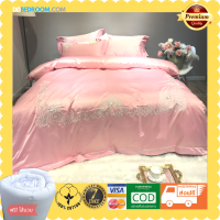 DDbedroom ชุดเครื่องนอน ST-111 ลักชัวรี่พิงค์ ผ้าซาติน+คอตตอน100% พรีเมี่ยม ผ้าปูที่นอน 5 ,6 ฟุต แถมไส้นวม ผ้าปูที่นอนขายดี เก็บปลายทางได้