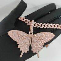 จี้เพชรสีชมพูฮิปฮอปผีเสื้อสร้อยคิวบาประดับ Zircon Rose Gold สำหรับผู้ชายและผู้หญิง