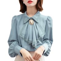 Retro Blue Chiffon Blouse Autumn Sp Bowknot Workwear OL Tops Elegant Women Long Sleeve Lace Shirt